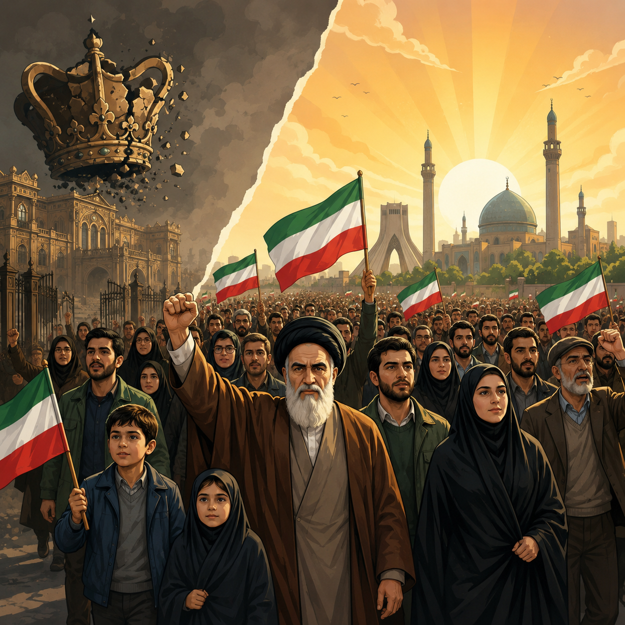 انقلاب اسلامی: حرکت مردم ایران برای پایان دادن به حکومت شاهنشاهی و برپایی جمهوری اسلامی.