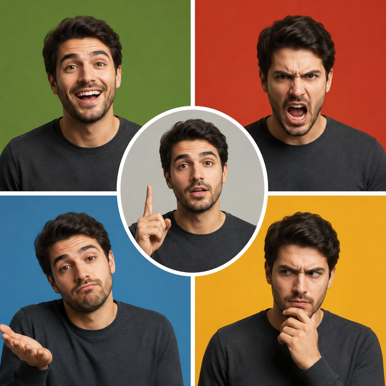 بازی با احساسات مختلف: اجرای یک جمله یا کنش واحد با حالت‌هایی مانند شادی، خشم، بی‌تفاوتی یا سوءظن.