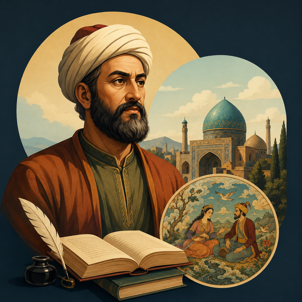 نظامی گنجه‌ای (گنجوی): شاعر و داستان‌سرای ایرانی قرن ششم هجری و پیشوای داستان‌سرایی در ادب فارسی.
