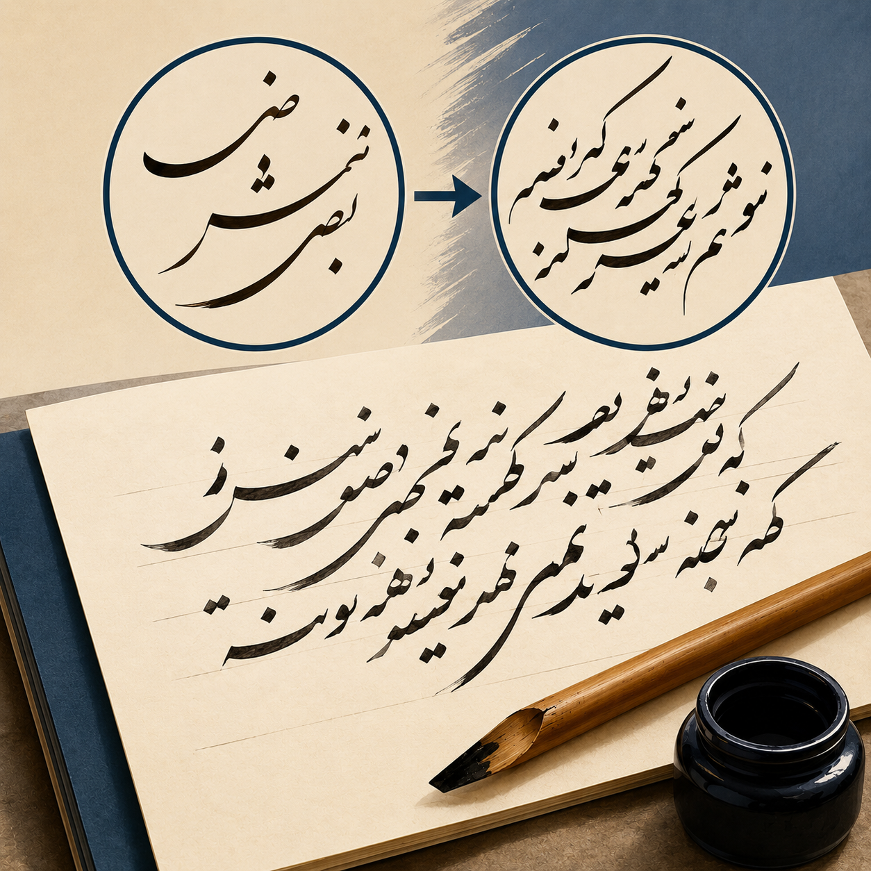 خط شکسته نستعلیق: شیوه‌ای نزدیک به نستعلیق با اتصال بیشتر، سرعت بالاتر، کشیده‌ها و چیدمان پیچیده‌تر.
