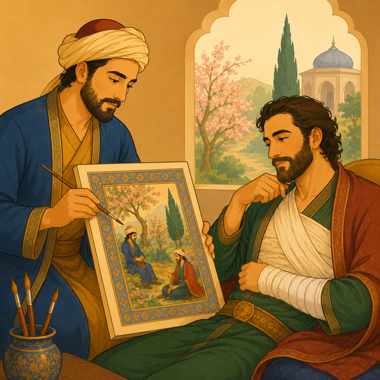 کمال‌الدّین بهزاد: نقّاش نامدار ایرانی که هنر او در داستان وسیله‌ای برای آرامش‌بخشی به سردار زخمی است.