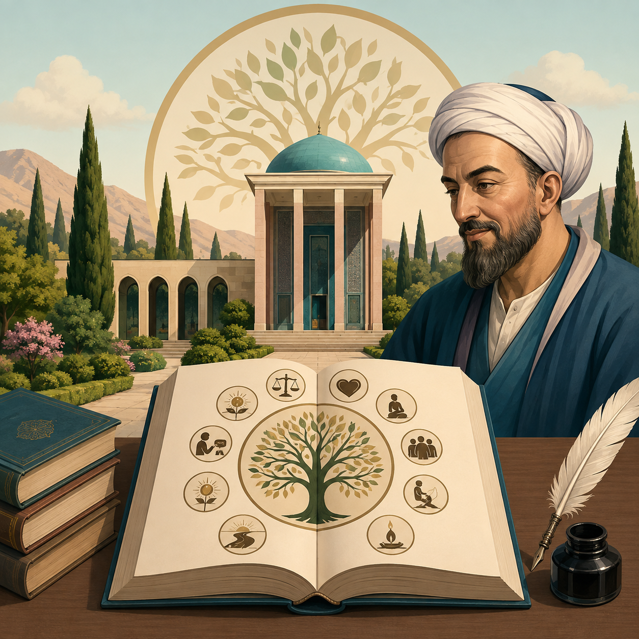 بوستان سعدی: منظومه‌ای اخلاقی، اجتماعی و عرفانی از سعدی در قالب مثنوی و شامل ده باب.