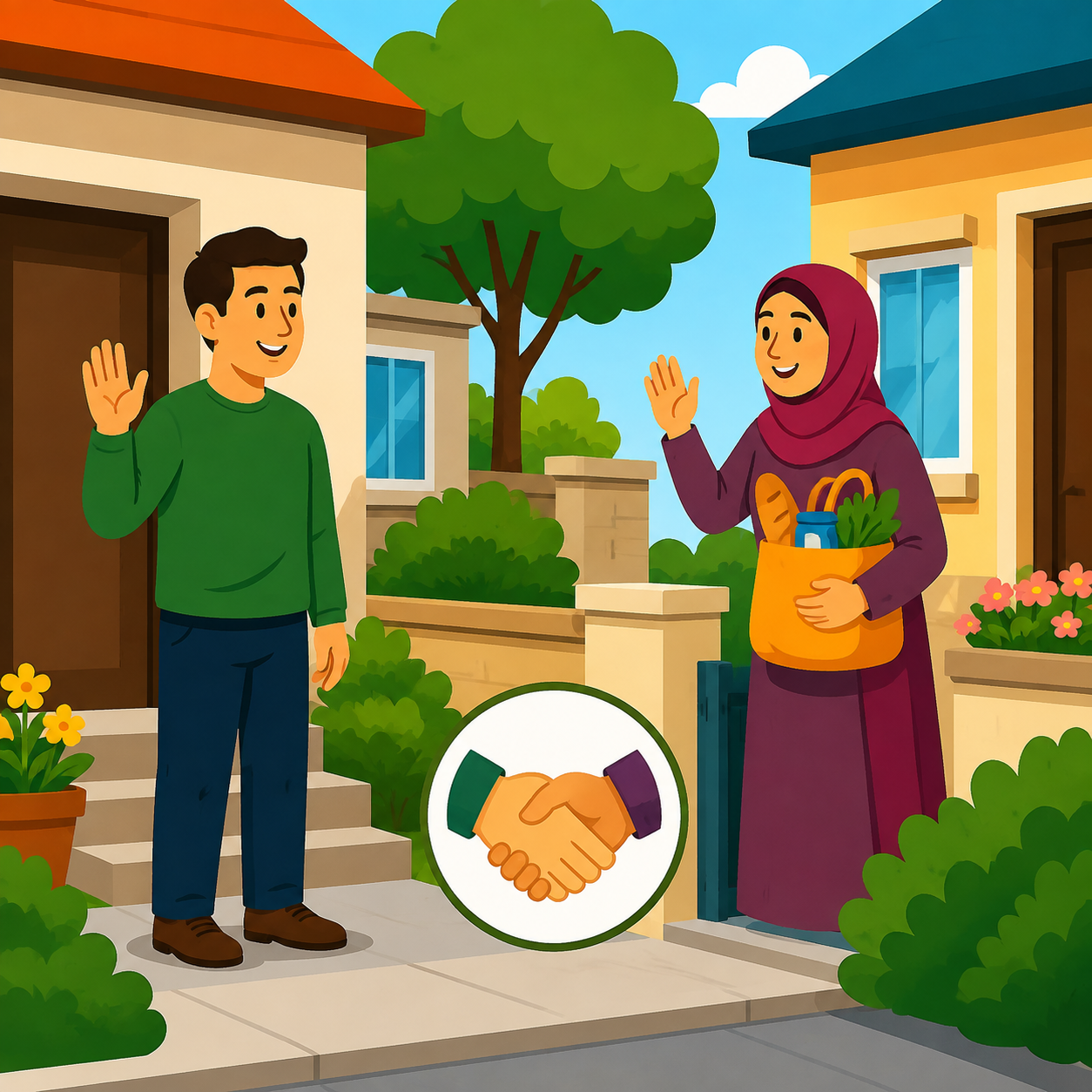 رفتار نیک با همسایگان: رعایت حقوق همسایه و مهربانی و کمک به او.