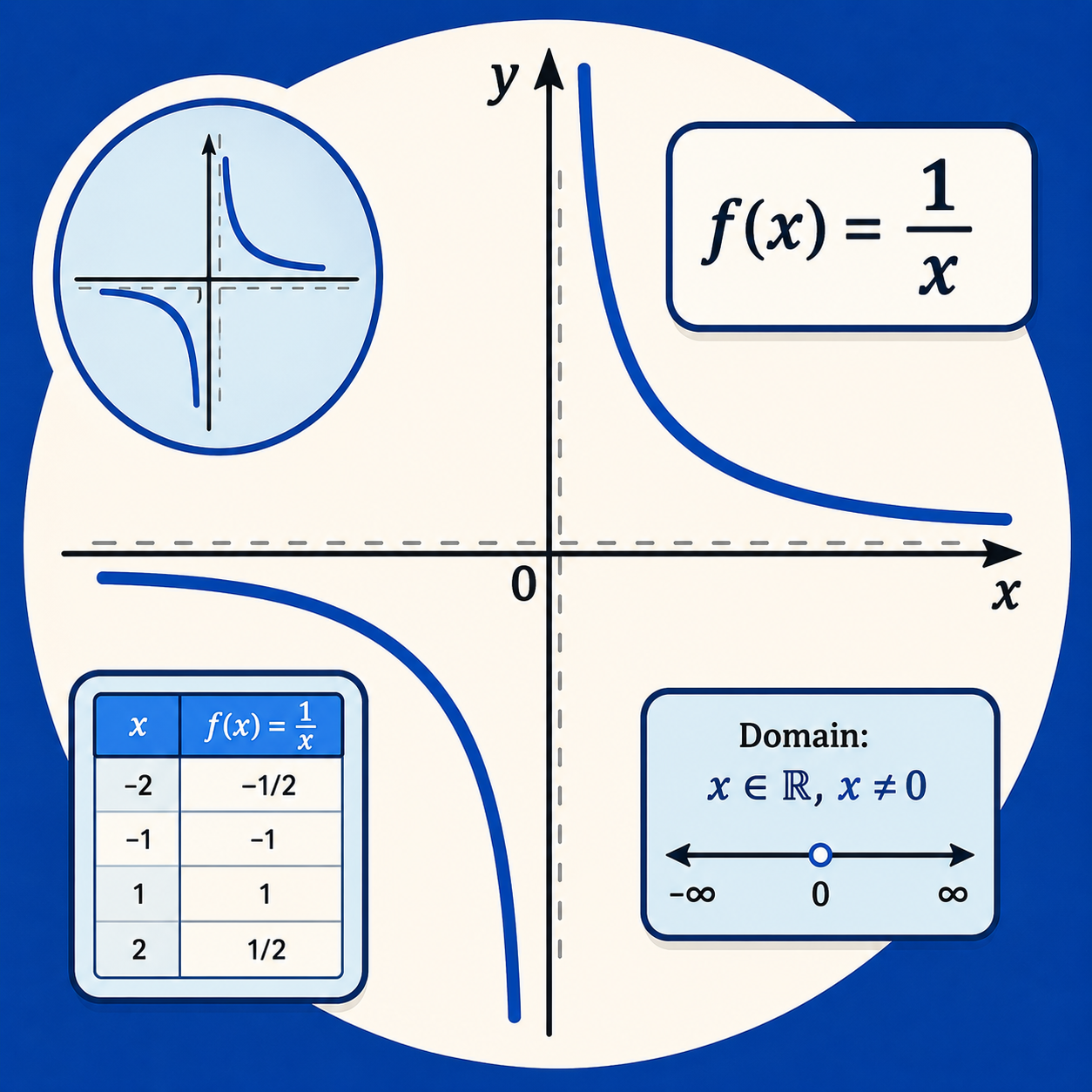 تابع هذلولی (تابع وارون): تابعی از نوع f(x)=1/x که دامنهٔ آن همهٔ اعداد حقیقی به‌جز صفر است