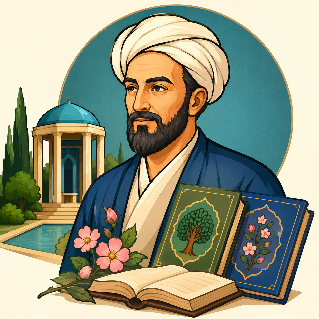 سعدی شیرازی: شاعر و نویسندهٔ برجستهٔ ایرانی و پدیدآورندهٔ آثار اخلاقی و ادبی بوستان و گلستان.