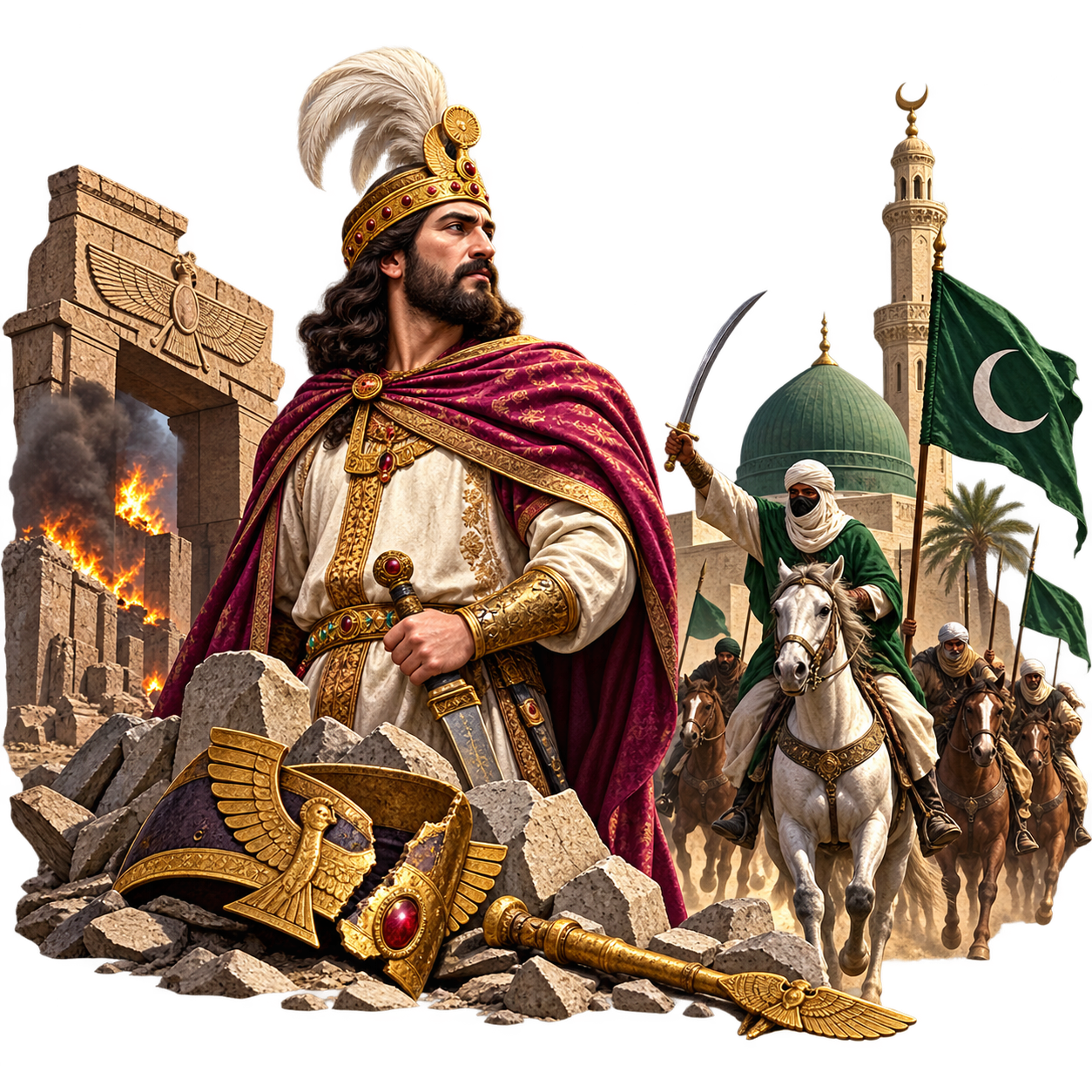 یزدگرد سوم، پایان ساسانیان و ورود اسلام: آخرین شاه ساسانی و پایان این حکومت هم‌زمان با گسترش اسلام در ایران.