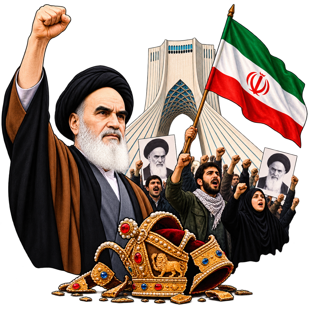 انقلاب اسلامی ایران و شعار اصلی آن: جنبش مردمی به رهبری امام خمینی که با شعار استقلال، آزادی، جمهوری اسلامی به سرنگونی نظام شاهنشاهی انجامید.