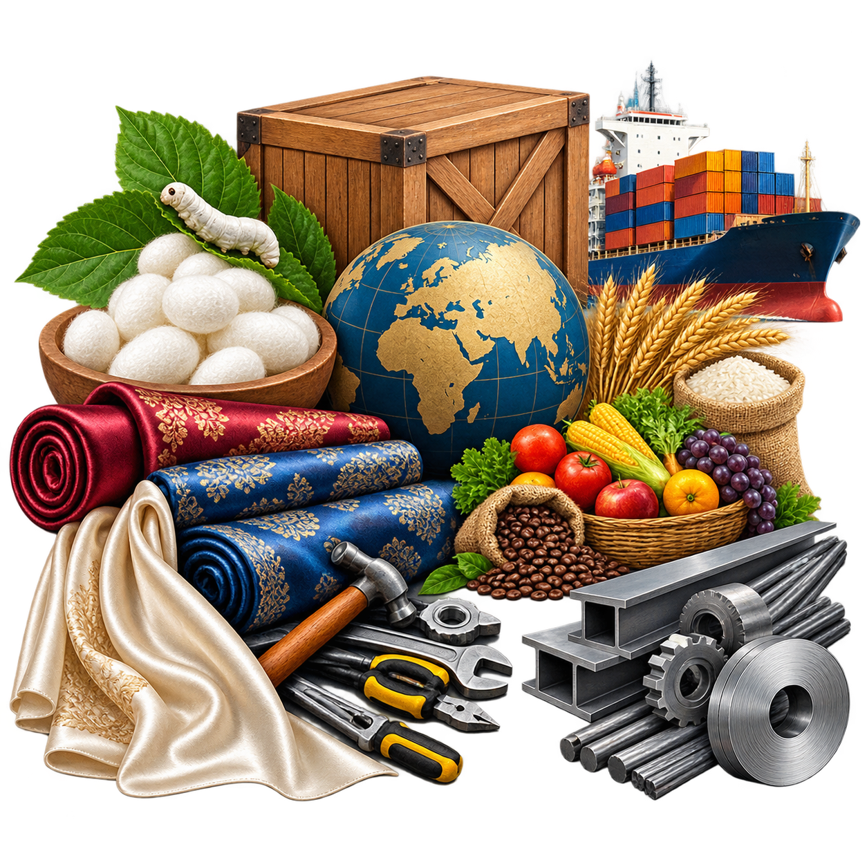کالاهای تجاری: ابریشم خام، منسوجات ابریشمی، ابزار، محصولات کشاورزی و کالاهای صنعتی.