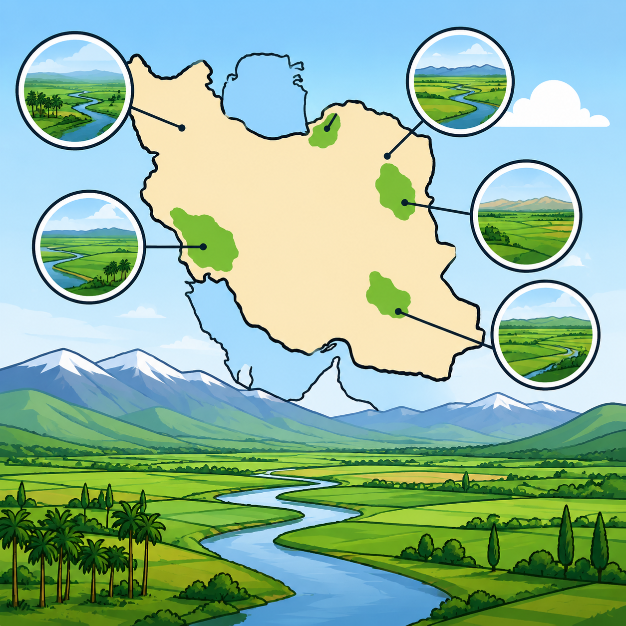 جلگه‌های ایران: جلگه‌هایی مانند خوزستان، گیلان، مازندران، مغان و گرگان که از زمین‌های پست و هموار ایران‌اند.