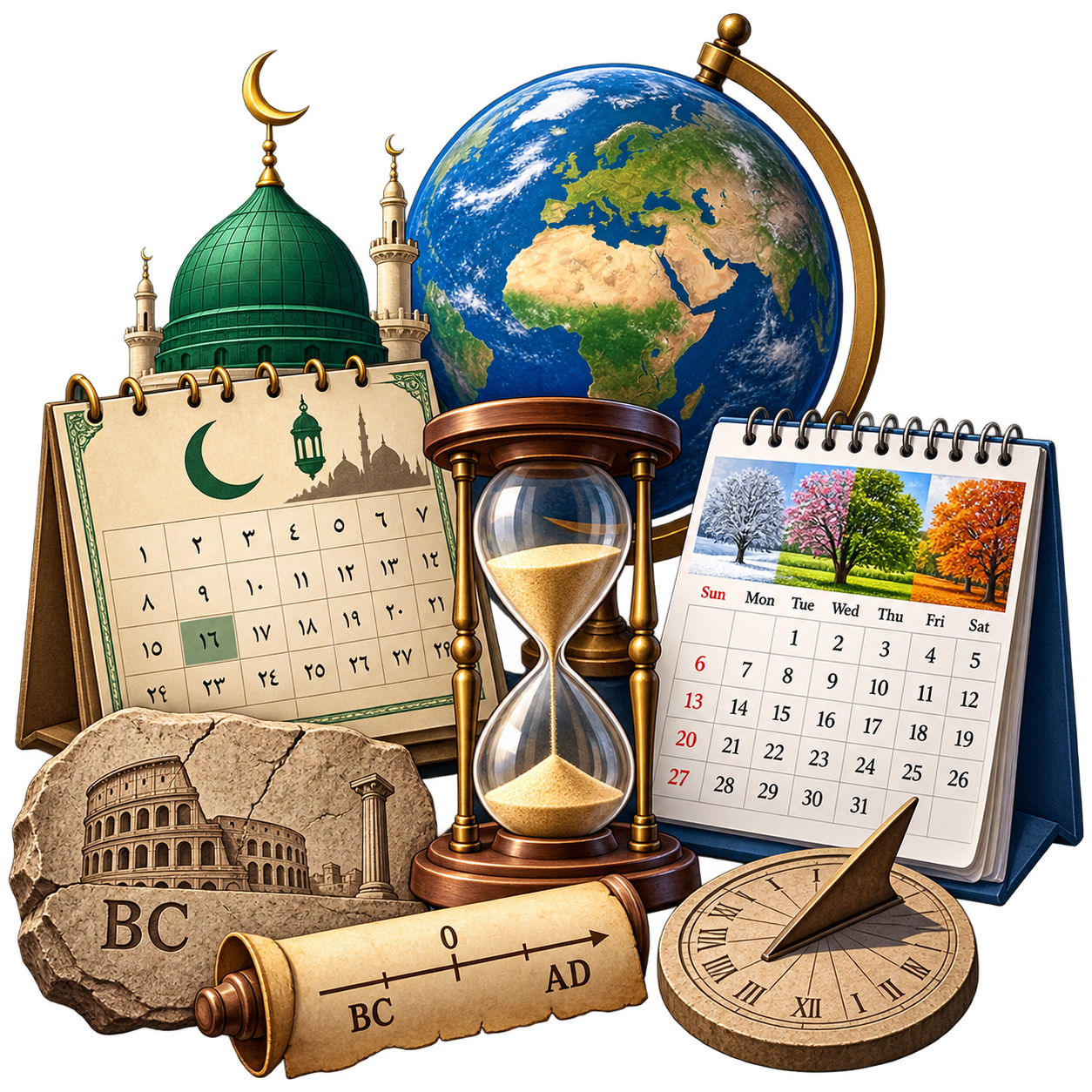 تقویم‌های تاریخی: تقویم هجری، میلادی و اصطلاح قبل از میلاد برای سنجش زمان رویدادها.