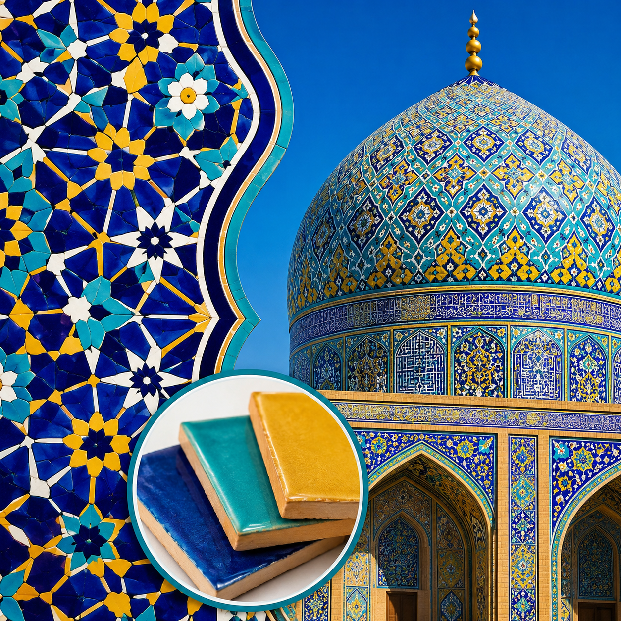 کاشی‌کاری: پوشاندن دیوارها و گنبدها با قطعات سفالی رنگین و نقش‌دار که هنر ایرانی-اسلامی است.