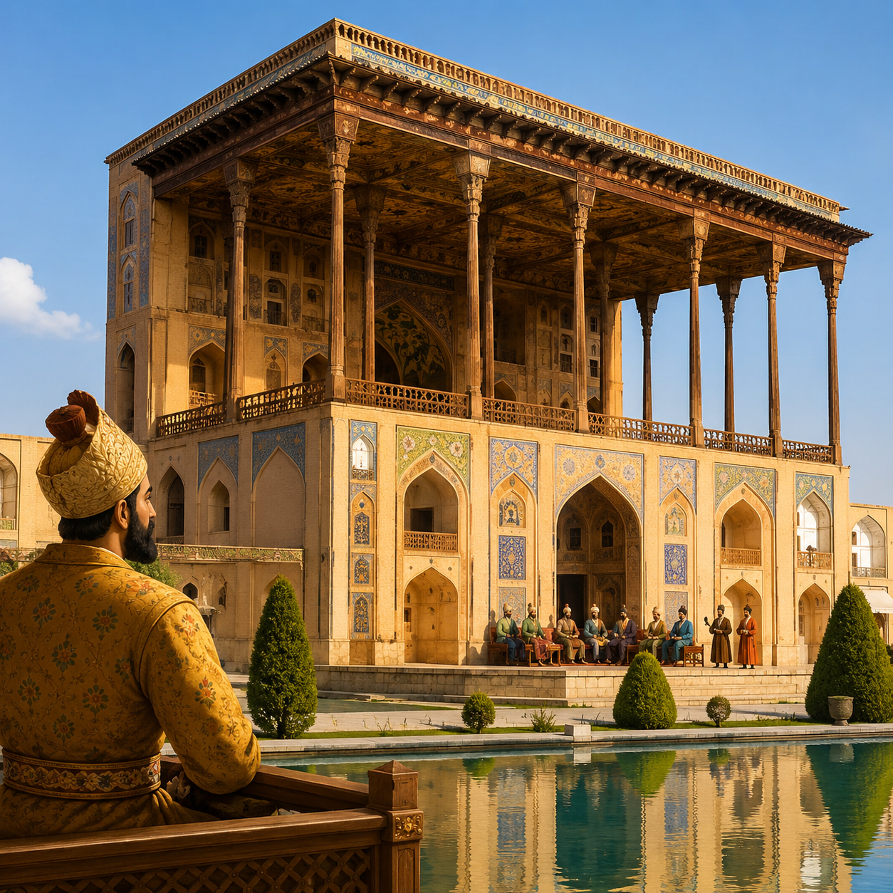 کاخ عالی‌قاپو: کاخی در اصفهان که شاه عباس و درباریان در آن به امور کشور رسیدگی و از مهمانان پذیرایی می‌کردند.