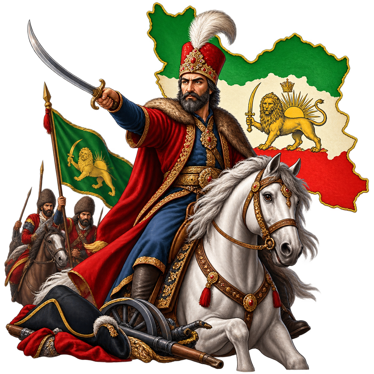 نادرشاه افشار: سردار ایل افشار و بنیان‌گذار حکومت افشاریه که برای یکپارچگی ایران و دفع بیگانگان تلاش کرد.