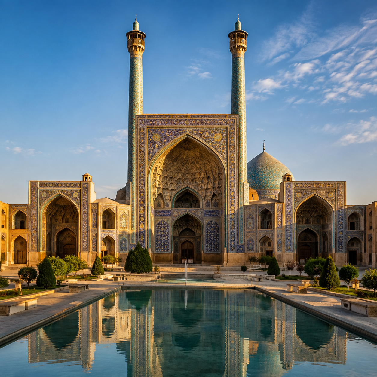 مسجد جامع عباسی: یکی از شاهکارهای معماری اسلامی در اصفهان که دارای چهار ایوان و مناره‌های بلند است.