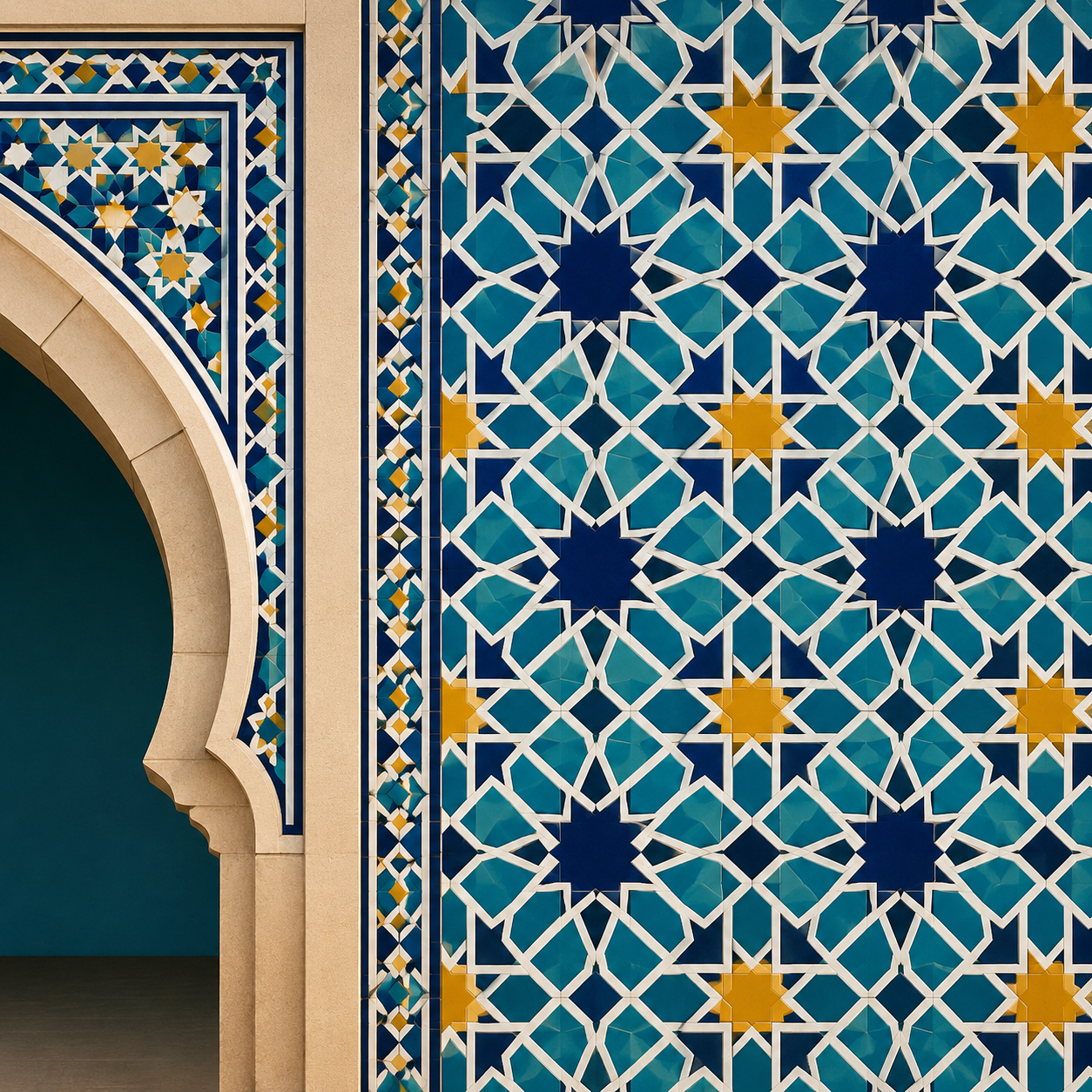 کاشی‌کاری هندسی: تزیین سطوح معماری با نقش‌های منظم و تکرارشونده مبتنی بر شبکه‌های هندسی.