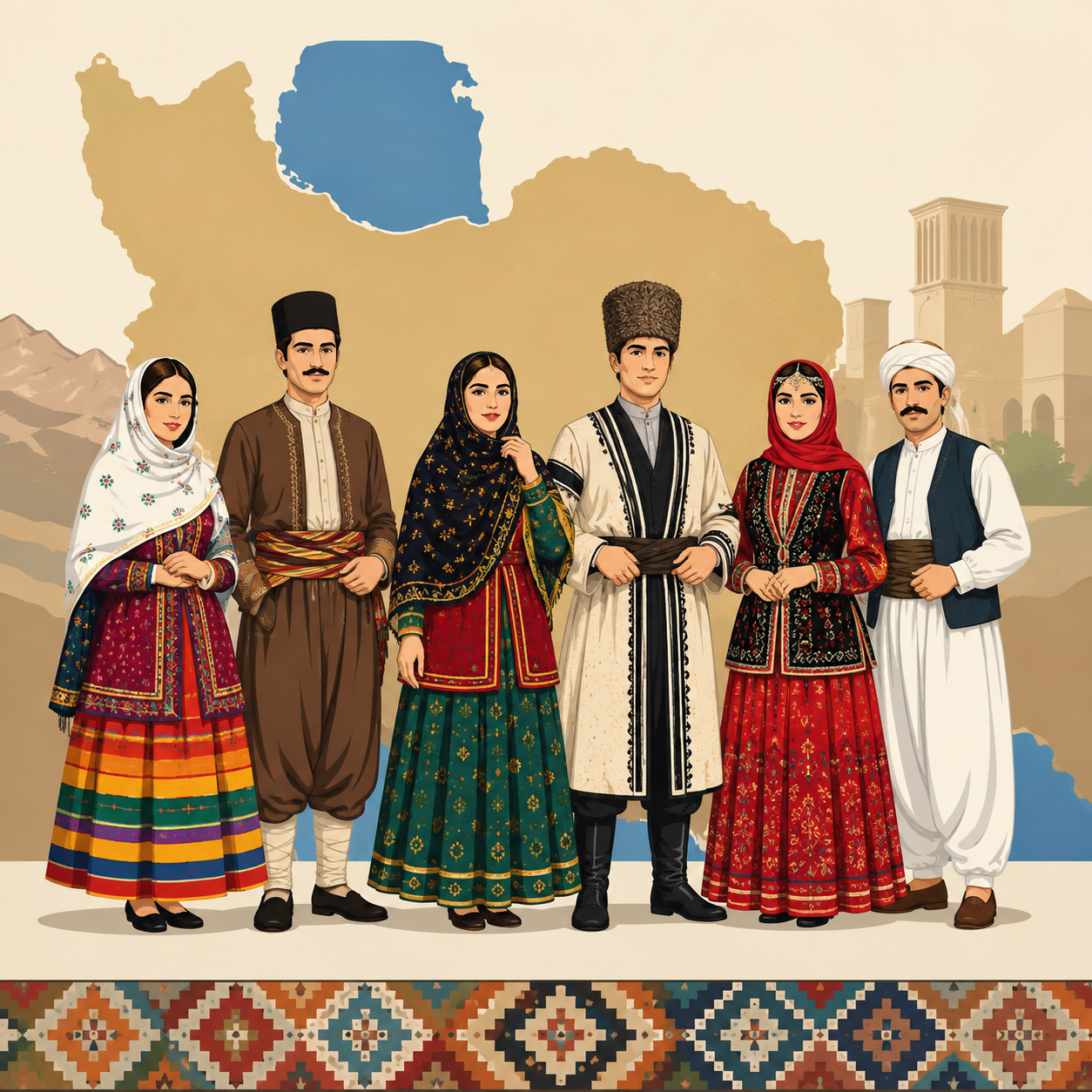 لباس محلی: لباس سنتی و مخصوص اقوام مختلف ایرانی که نشان‌دهنده فرهنگ و آداب آن منطقه است.