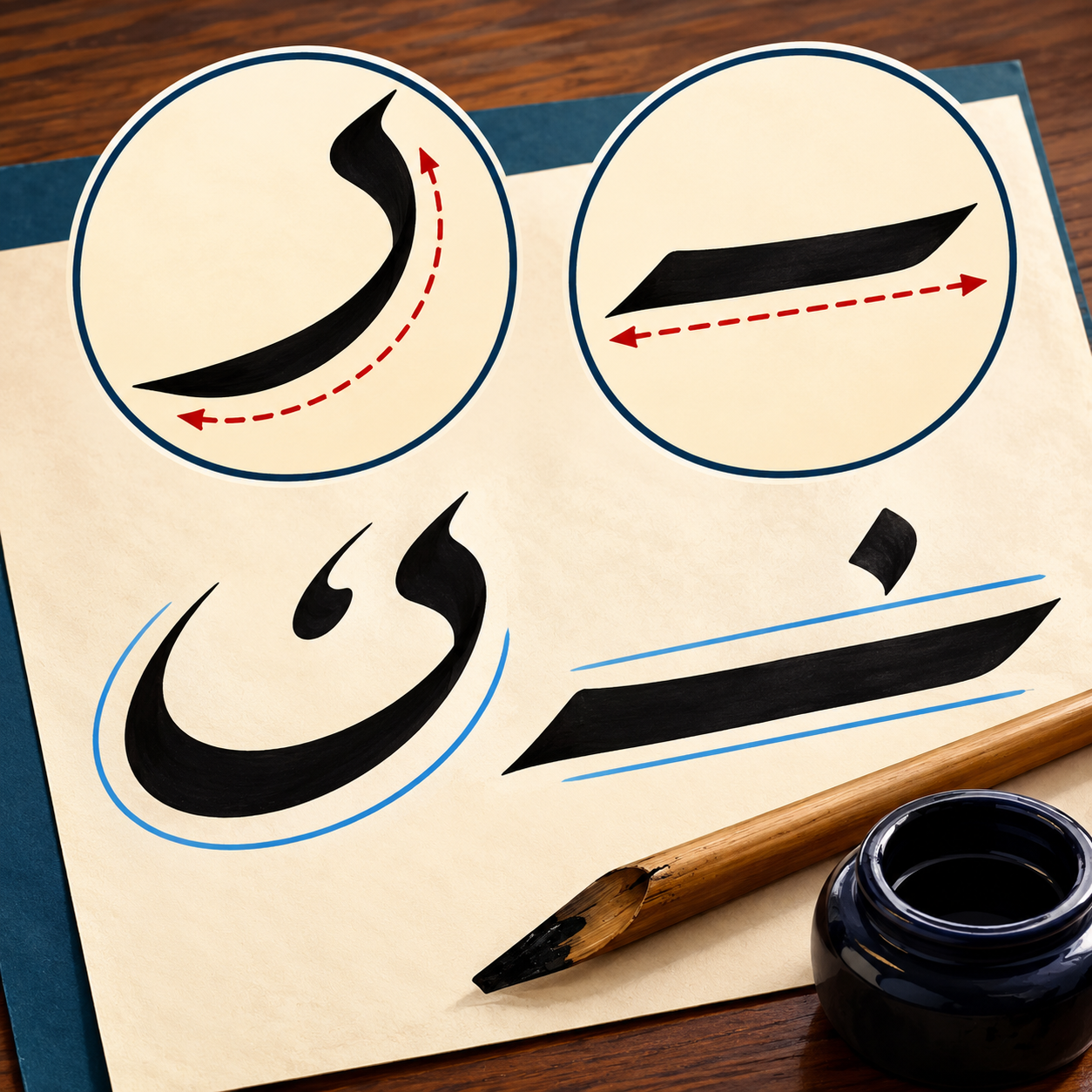 دور و سطح در خط: دو ویژگی ساختاری خط که میزان انحنا و کشیدگی مستقیم حروف را نشان می‌دهند.