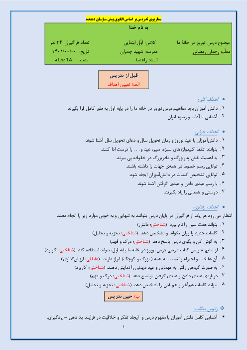 سناریوی تدریس براساس الگوی پیش سازمان دهنده فارسی اول دبستان | نگاره‌ی 10: نوروز در خانه‌ی ما