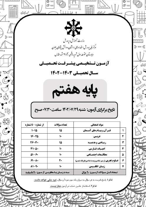 آزمون تشخیصی پیشرفت تحصیلی پایه هفتم مدرسه تیزهوشان شهید هاشمی نژاد مرحله مهر ماه 1402