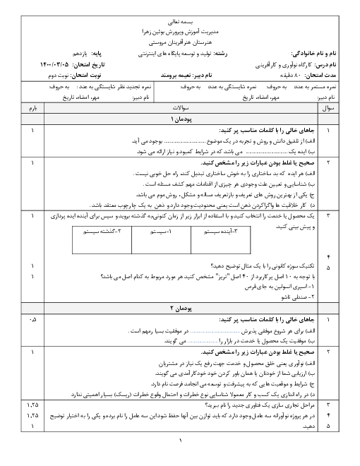 سوالات آزمون کارگاه نوآوری و کارآفرینی یازدهم هنرستان هنر آفرینان | پودمان 1 تا 4