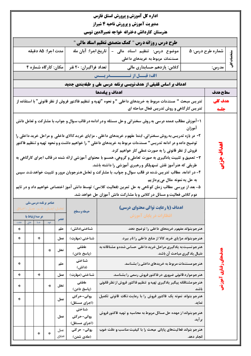 طرح درس روزانه مستندات مربوط به خریدهای  داخلی | درس کمک متصدی تنظیم اسناد مالی یازدهم حسابداری مالی