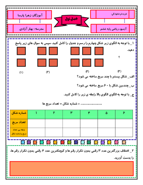 سه سری آزمون فصل اول (عدد و الگوهای عددی) ریاضی پایه ششم دبستان