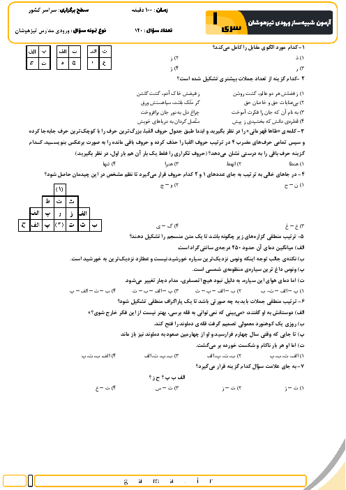  آزمون شبیه ساز تیزهوشان ورودی ششم به هفتم سال 1405 (سری 1) 