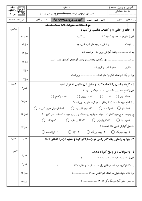 آزمون مستمر شیمی و زیست دبیرستان پسرانه پیشرو | فروردین 1395