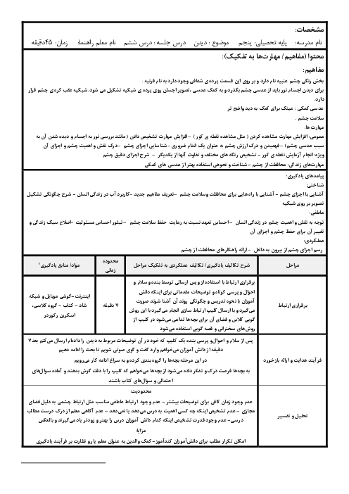 طرح درس روزانه علوم تجربی پنجم دبستان شهید باهنر خوئین | درس 6: حس بینایی