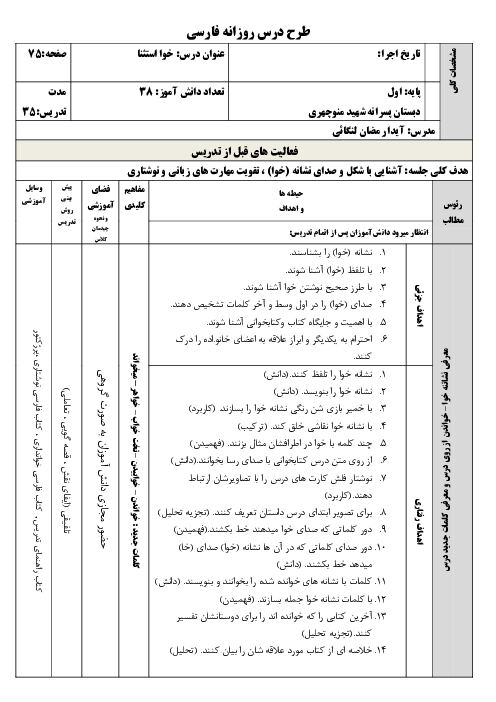 طرح درس فارسی اول دبستان | درس 15: خوا استثناء