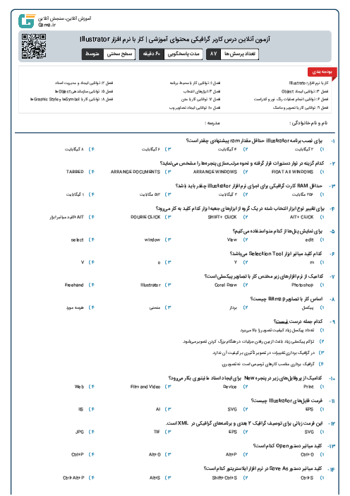 آزمون آنلاین درس کاربر گرافیکی محتوای آموزشی | کار با نرم افزار Illustrator