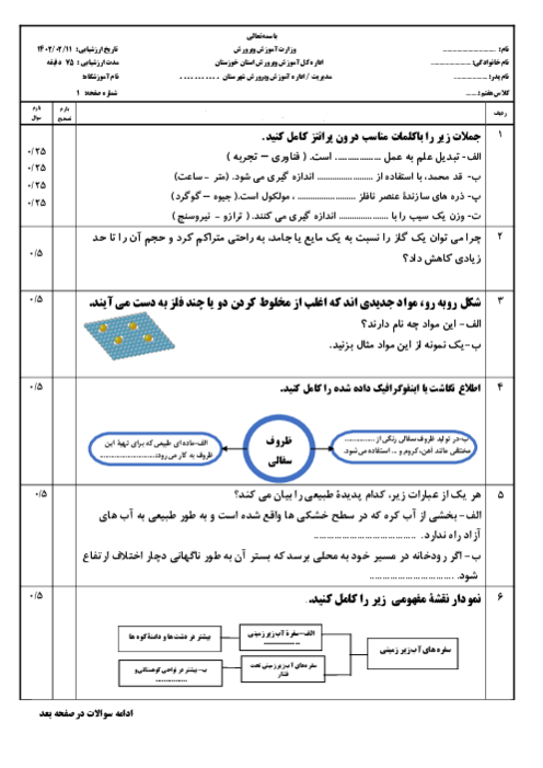 نمونه سوال نوبت دوم علوم تجربی پایه هفتم شهرستان کرخه