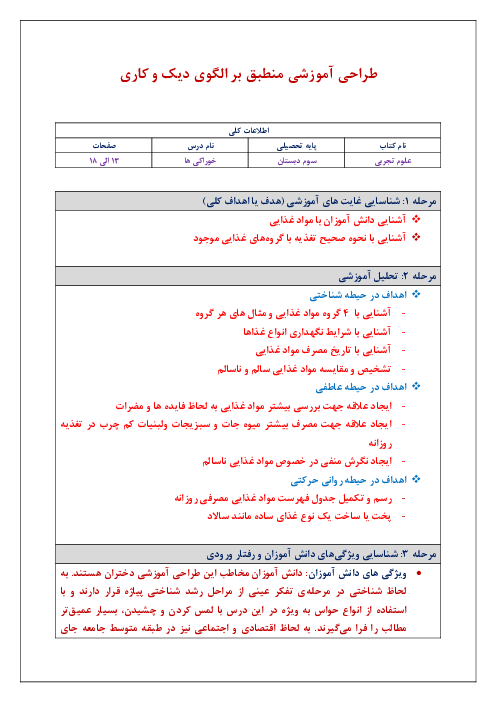 طراحی آموزشی علوم تجربی سوم دبستان منطبق بر الگوی دیک و کاری | درس 2:  خوراکی‌ها