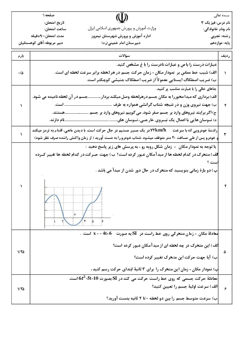 آزمون شبه نهایی نوبت دوم فیزیک (3) تجربی دوازدهم دبیرستان منصور زابل | اردیبهشت 1400