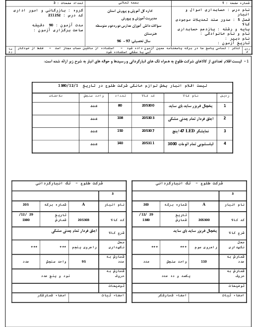 آزمون تشریحی پودمان 5 حسابداری اموال و انبار یازدهم | صدور سند تعدیلات موجودی کالا (حسابداری انبار)