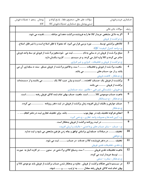 سؤالات امتحانی حسابداری خرید و فروش دهم | فصل 5: حسابداری تعدیلات فروش کالا