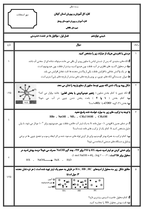 نمونه سوالات فصل 1 شیمی دوازدهم