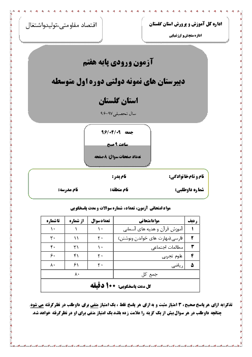 سوالات و پاسخ کلیدی آزمون ورودی پايه هفتم دبيرستان های نمونه دولتی سال تحصيلی 97-96 | استان گلستان