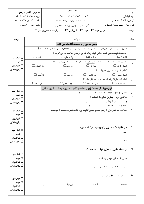 آزمون نوبت اول نگارش پایه‌ی ششم دبستان شهید صدر | دی 1403