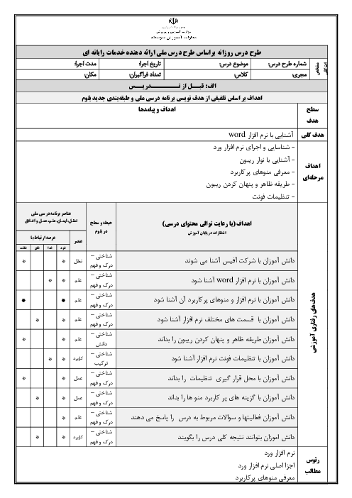 طرح درس روزانه آشنایی با نرم افزار word