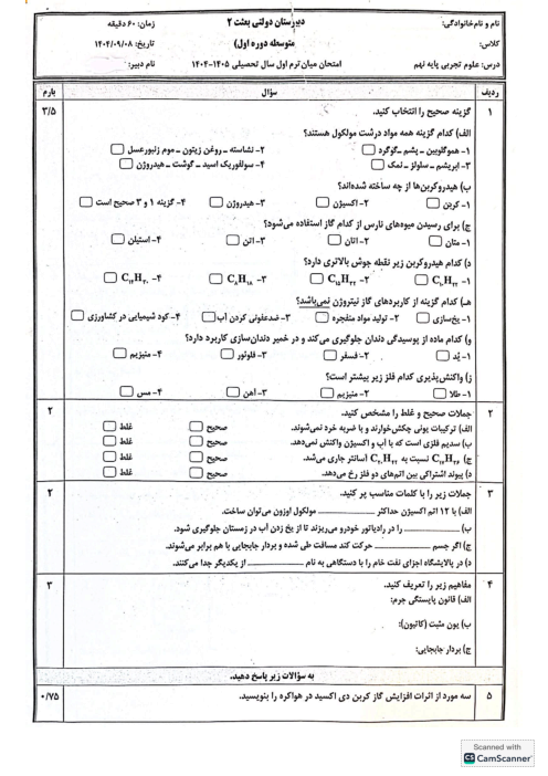 آزمون میان ترم فصل 1 تا 4 علوم نهم آموزشگاه بعثت ورامین