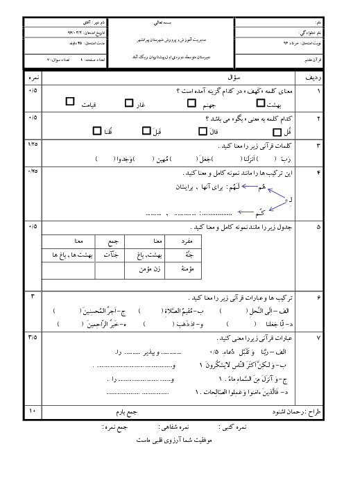 سوالات امتحان نوبت دوم آموزش قرآن هفتم مدرسه پیشداریان | خرداد 96