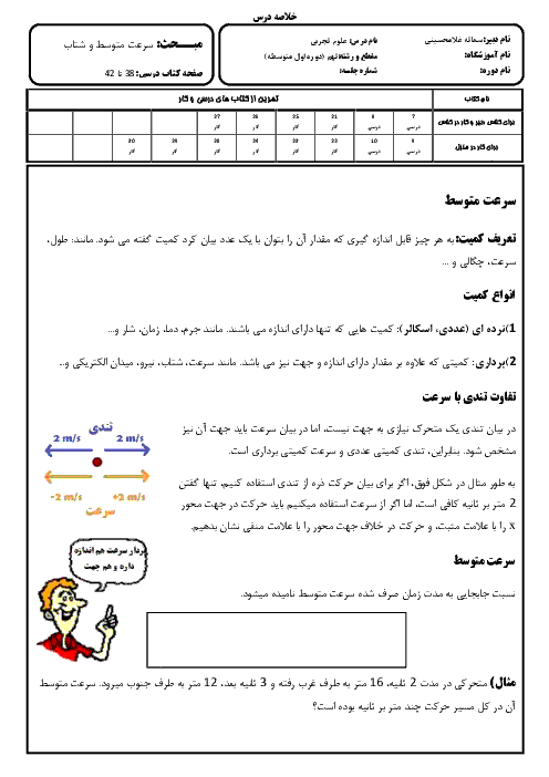 خلاصه درس علوم نهم | مبحث سرعت متوسط و شتاب