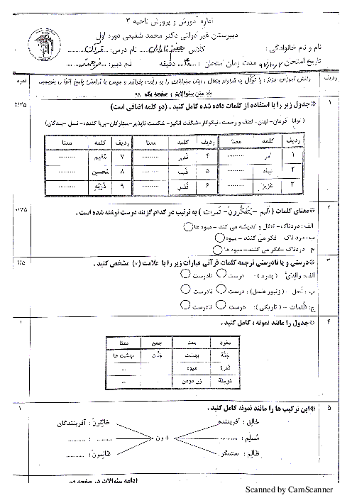 آزمون نوبت اول دیماه 97 قرآن پایه هفتم دبیرستان دکتر محمد شفیعی