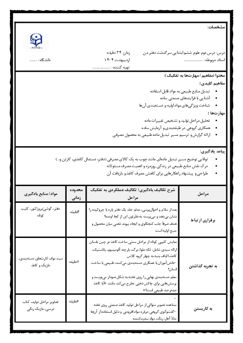 طرح درس علوم ششم | درس 2: سرگذشت دفتر من