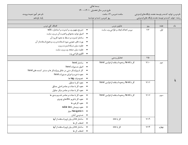 طرح درس سالانه تولید کننده و توسعه دهنده پایگاه‌های اینترنتی یازدهم