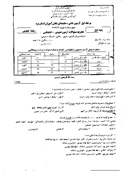 مرحله اول آزمون علمی دانش آموزان اول دبیرستان سال 1388 با پاسخ تشریحی - یزد