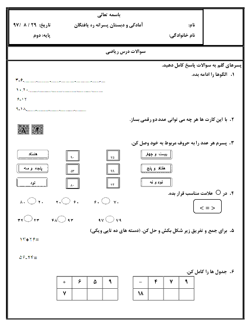 آزمون ماهانه دوم ریاضی دوم دبستان ره یافتگان | آبان 1397