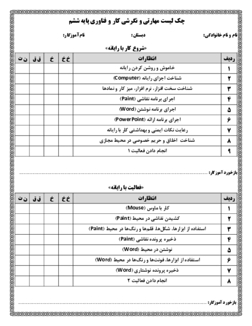 چک لیست مهارتی و نگرشی کار و فناوری پایه ششم 