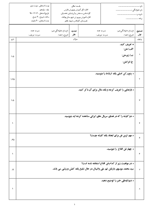 آزمون نوبت دوم تفکر و سواد رسانه‌ای یازدهم هنرستان کاردانش شهید باهنر | اردیبهشت 1398 + پاسخ